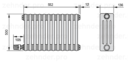 Схема (чертеж) Радиатор Zehnder Charleston 4050/12 №V004 Белый глянцевый RAL 9016